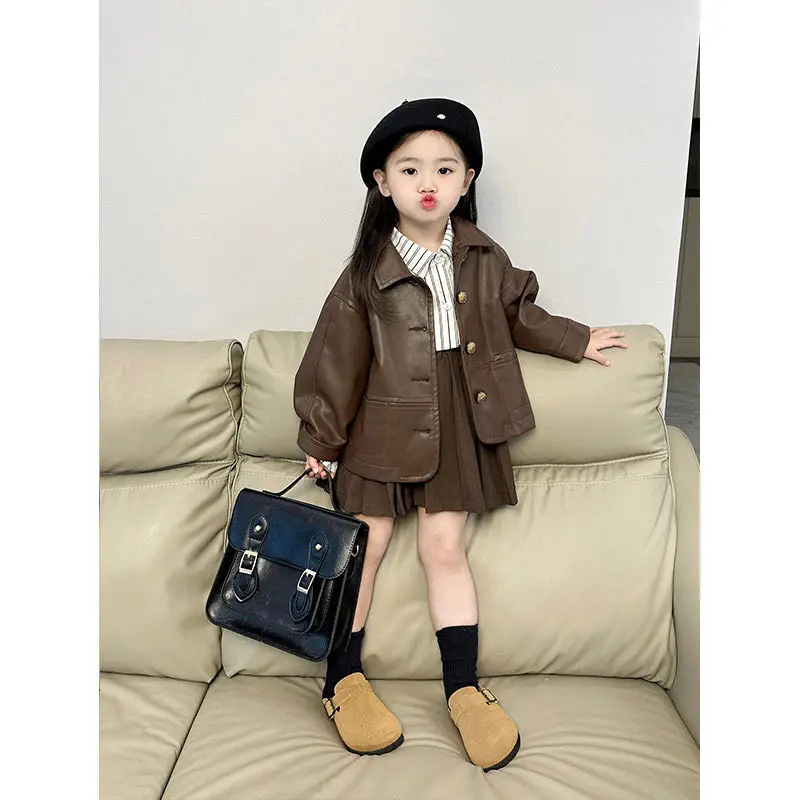 

Autumn Spring Winter Vintage Fur Coat Girl Stripe Shirt+Pleated Short Skirt 3Pcs Set Kids Jackets Princess Children Outfits