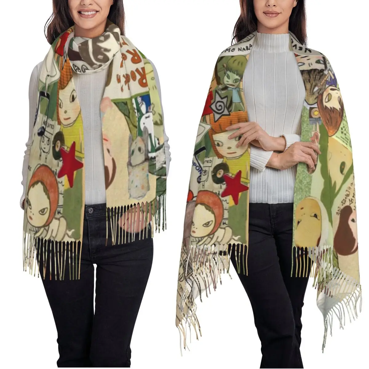 Funny Yoshitomo Nara Scarf Tassel Scarves Women Soft Warm Shawls and Wraps Large Fall Winter Shawl Wrap