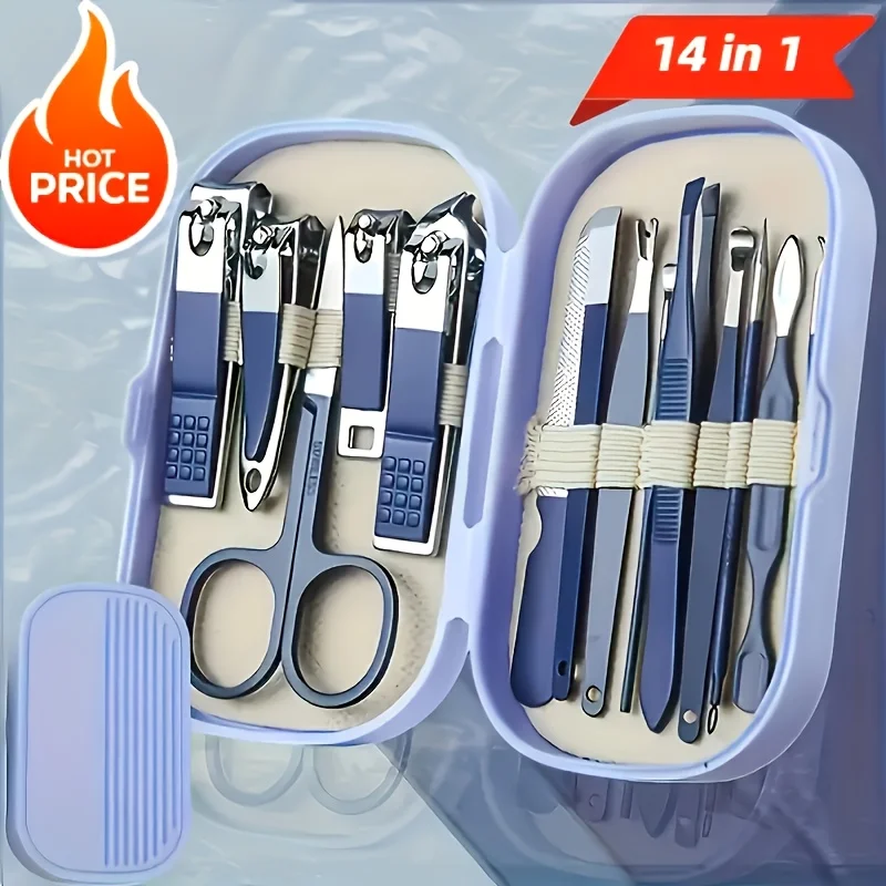 Kit de soins des ongles et des pieds en acier inoxydable, avec pince à cuticules, ensemble en boîte Portable, outils de manucure en acier inoxydable, coupe-ongles, 14 pièces