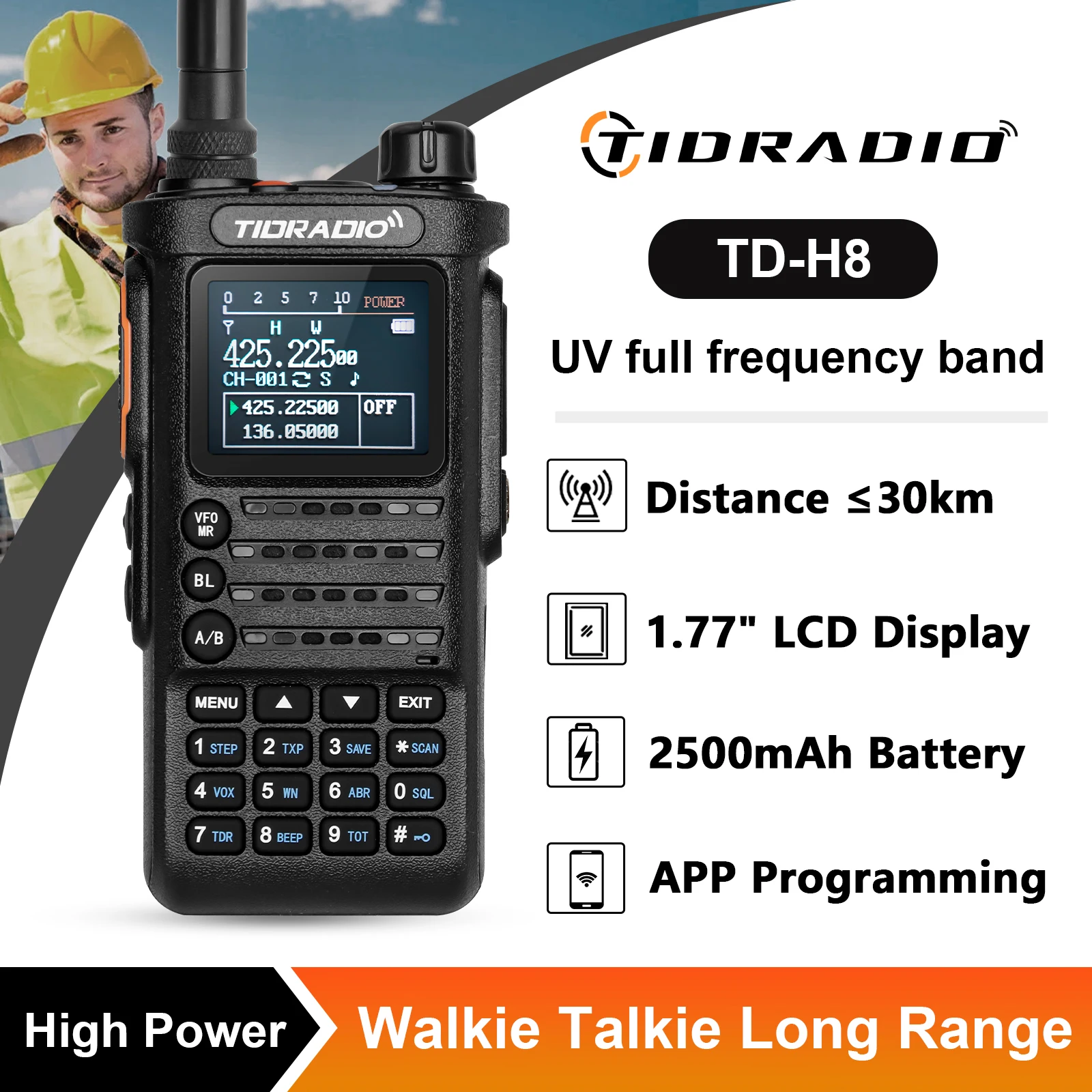 2nd Gen TIDRADIO TD H8 10W Walkie Talkie Long Range Connection Phone APP Wireless Programming Dual Band VHF UHF USB-C Ham GMRS