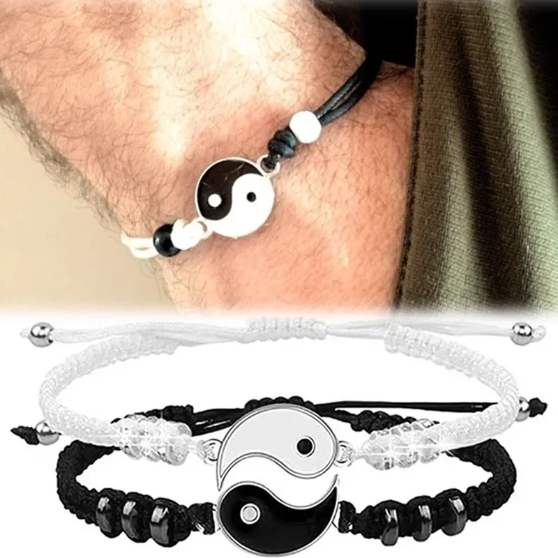 1pair Handmade Tai Chi Yin Yang Couple Bracelets Pendant Adjustable Braid Chain Matching Lover Bracelets Necklaces Friendship