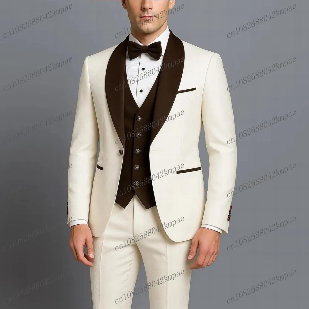 

Белый и темно-коричневый мужской костюм для торжественных случаев, жениха, жениха, свадебной вечеринки, выпускного вечера, мужские смокинги, комплект из 3 предметов, пиджак, жилет, брюки