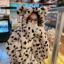 Cute Ears Leopard Fluffy Students Hooded Overcoat New Winter Jackets Thicken Faux Rex Rabbit Fur Coat Women Sweet Girl Outerwear