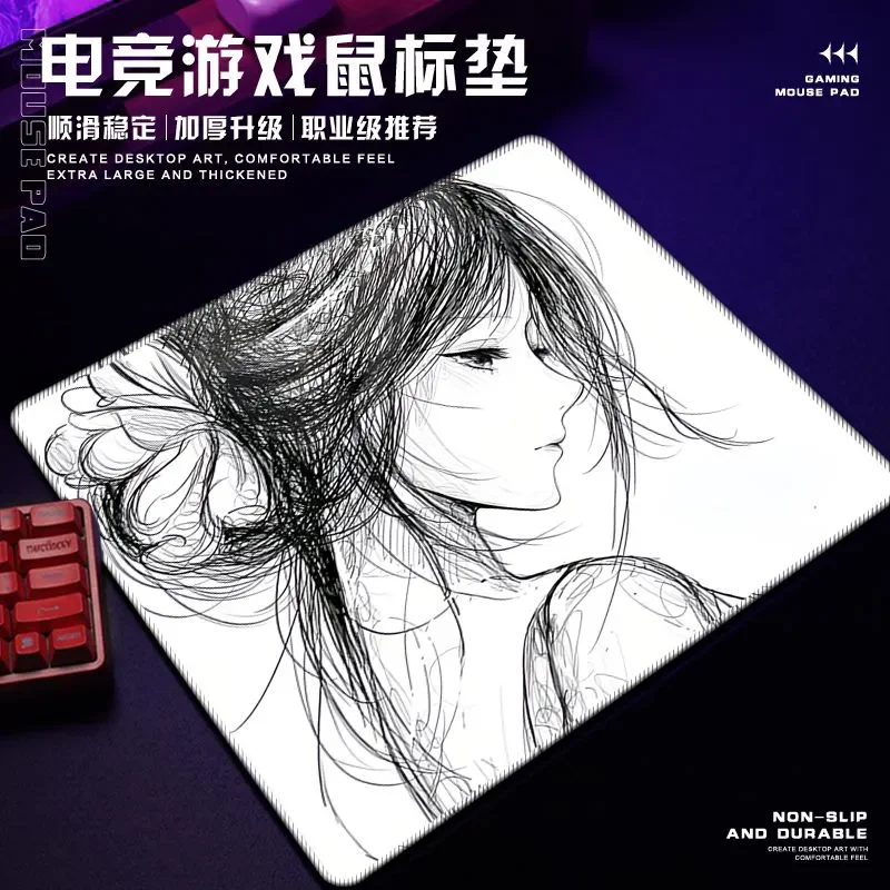 Japanese Anime Girl Sketch Shadow Glass Gaming Mouse Pad Smooth Frosted Surface Desk Mat Tempered Upgrade FPS Office Esports