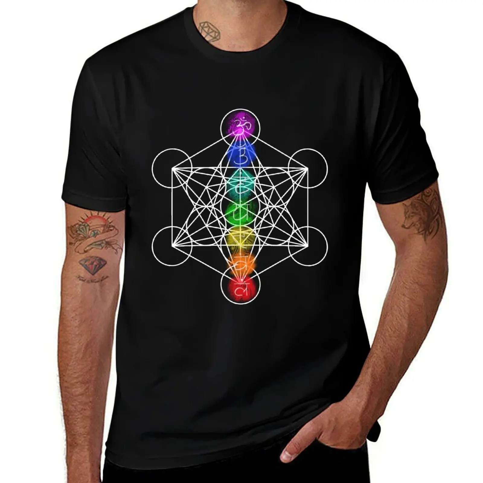 Chakra on Metatron's Cube in White T-Shirt Aesthetic clothing graphic tee shirt man clothes sports fans Men's cotton t-shirt