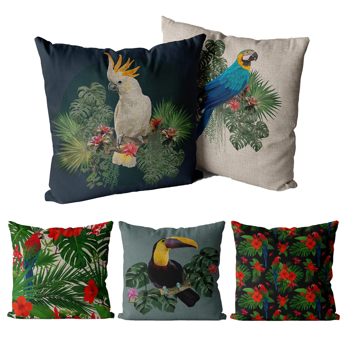 

Tropical Decorative Pillow Covers, Plant Leaves, Leaves, Linen, Green Parrot, Animal Cushion Cover, 40X40, 45x45, Outdoor