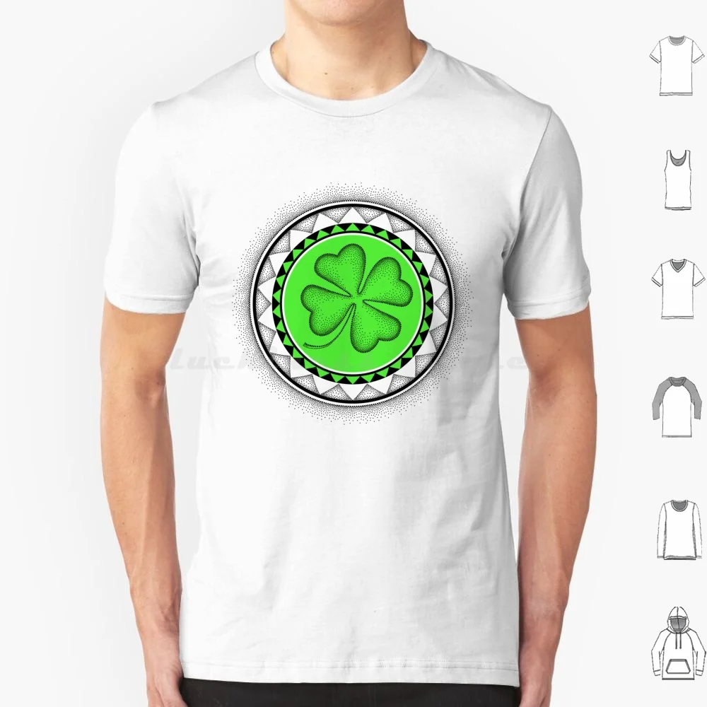 Dotted Lucky Four Leaf Clover And Round Mandala. T Shirt 6Xl Cotton Cool Tee Clover Shamrock Day Symbol Mandala Four Leaf Dots