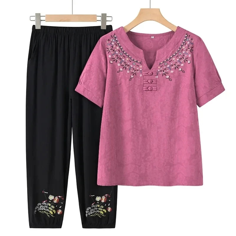 Women's Suit 2024 Summer New Short-Sleeved T-Shirt Cotton Linen Ladies National Wind 2PCS Embroidered Cropped Sleeve Two Piece