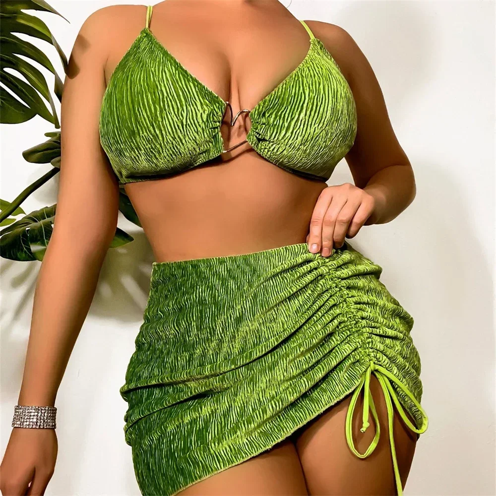 Velvet Bikini Green Y2K Heart Ring Sling Swimsuit Rib Drawstring Skirt 3 Piece Women Vacation Swimwear Beach Outfit Bathing Suit