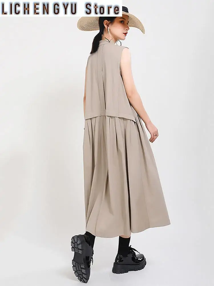 Women Khaki Split Pleated Long  Dress New Stand Collar Sleeveless Loose Fit Fashion Tide Spring Summer