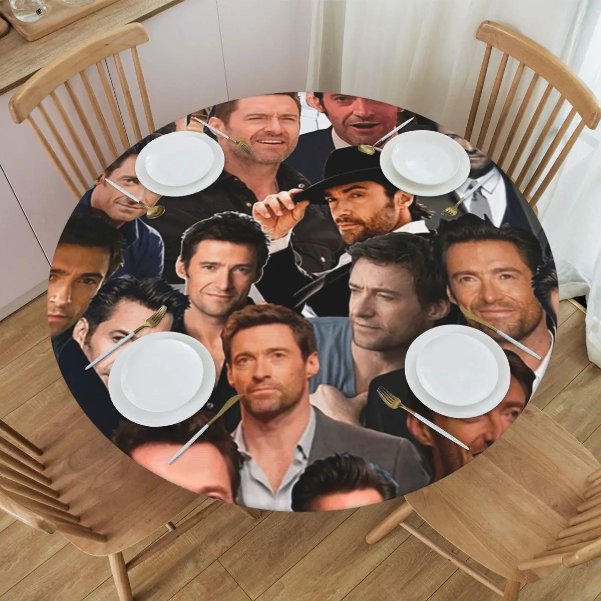Hugh Jackman Photo Collage Waterproof Round Tablecloth Oilproof Table Cloth for Kitchen Events Dining Table Cover