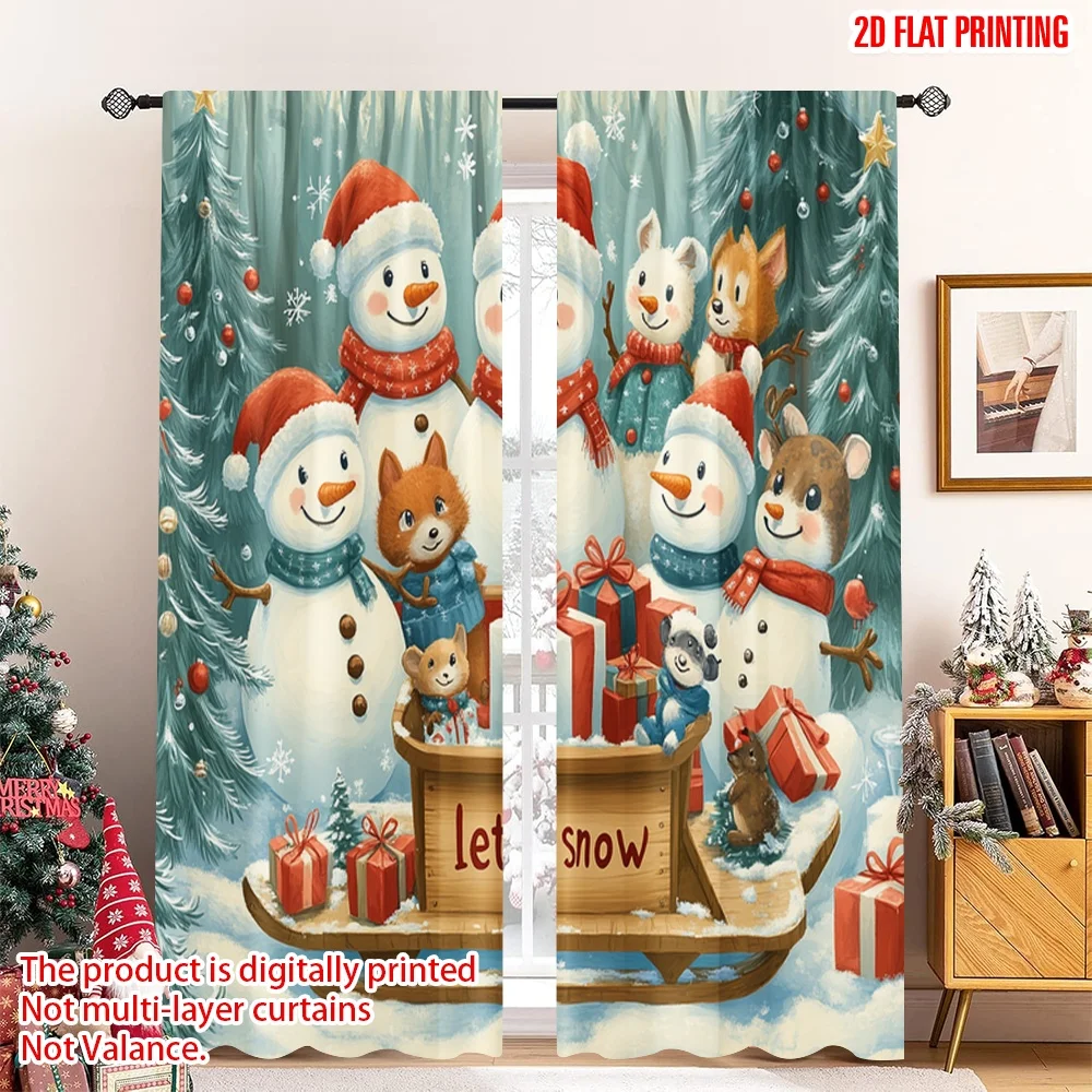 

2pcs 2D flat printing Christmas Curtains Cute Snowmen Forest Friends (2) Fabric Without Electricity Holiday Decorations for