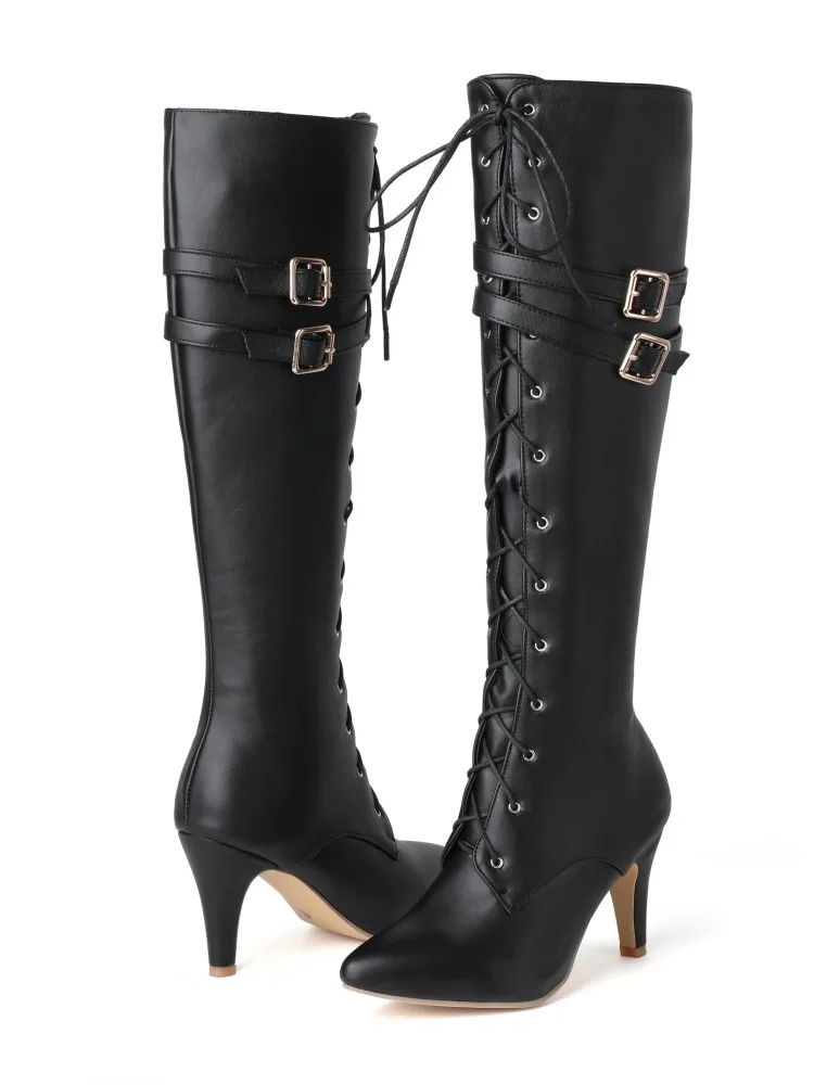 Mittellange Stiefel für Damen, 2026 Frühling und Herbst Neue Schnürstiefel, Damen Spitze Stiletto High Heels, Designer Luxus Übergrößen Größe 47, Direktverkauf vom Hersteller – Detail 2