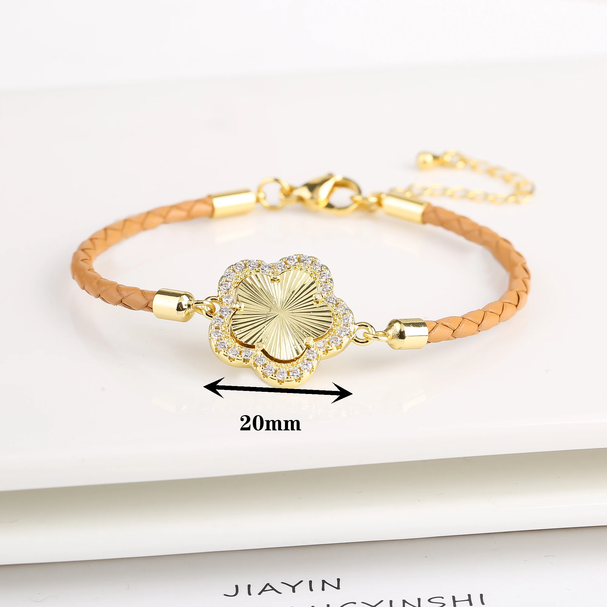 Classic Genuine Leather Woven Natural Stone Flower Charm Bracelet