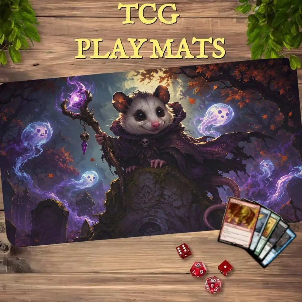 Fantasy Wizard Opossum MTG Trading Card Game Playmat 600X350MM TCG CCG Play Mat Non-Slip Durable Stitched Edge Magic Cards Mats