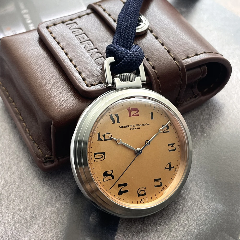 ساعة جيب Merkur Vintage بمينا سمك السلمون للرجال ساعة ميكانيكية يدوية 42 ملم جديدة مقاومة للماء