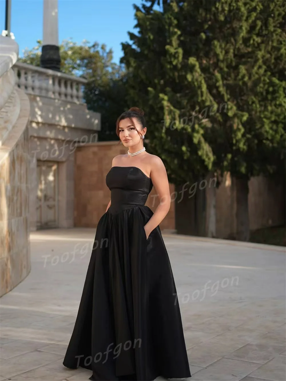 Toofan Schwarze Abendkleider, trägerlos, Vintage-Satin, formelle Anlässe, lang, A-Linie, Vestidos De Fiesta, individuell gestaltet