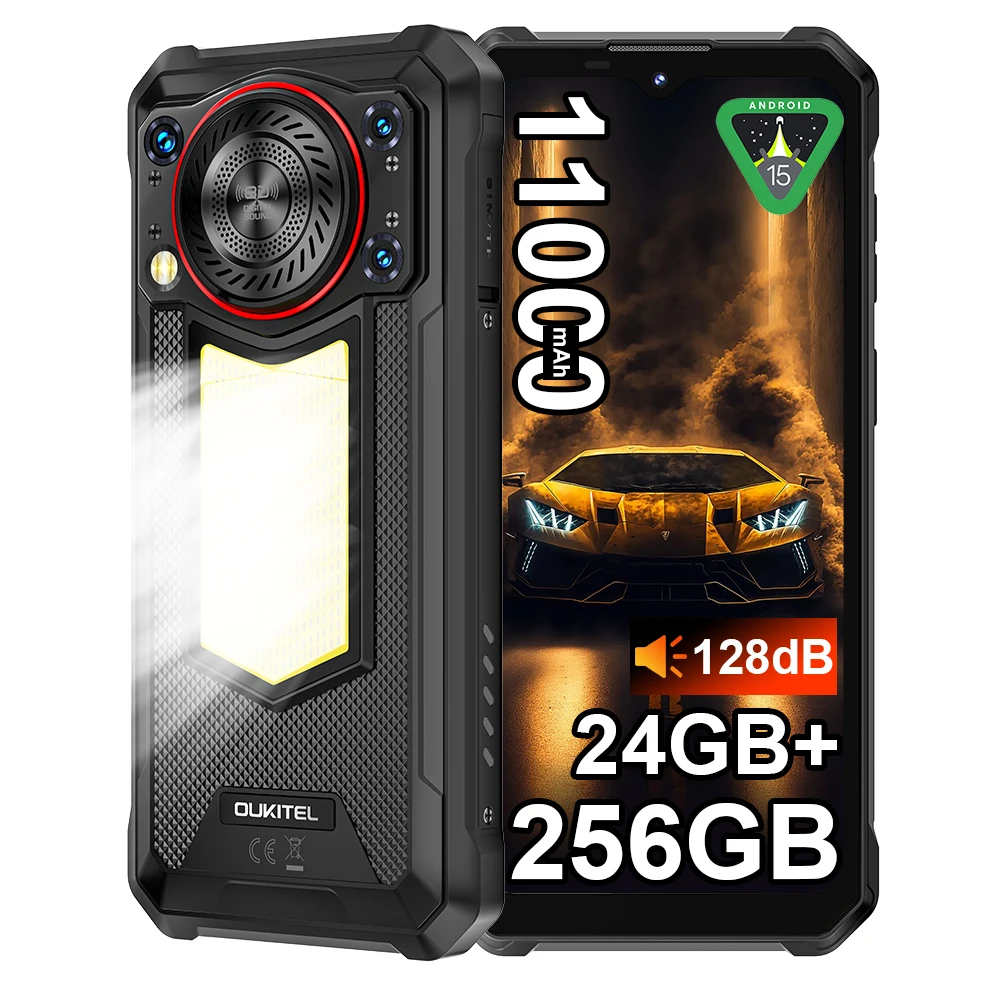 OUKITEL WP53 PRO Smartphone, 24GB RAM (8+16 uitbreidbaar) 256GB ROM, Android 15, 11000mAh grote batterij, 6.52" HD-scherm, 50MP camera, campinglamp, luidspreker, NFC, ontgrendelde mobiele telefoon