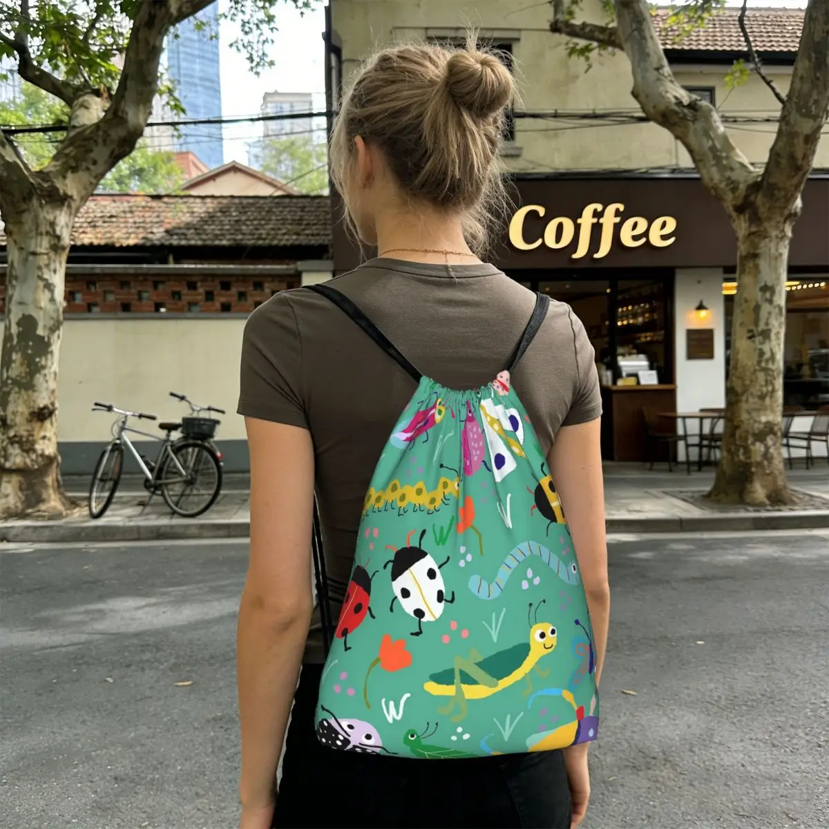 Cartoon Insect Pattern Backpacks Casual Drawstring Bags Sports Bag Book Bags for Man Woman Students