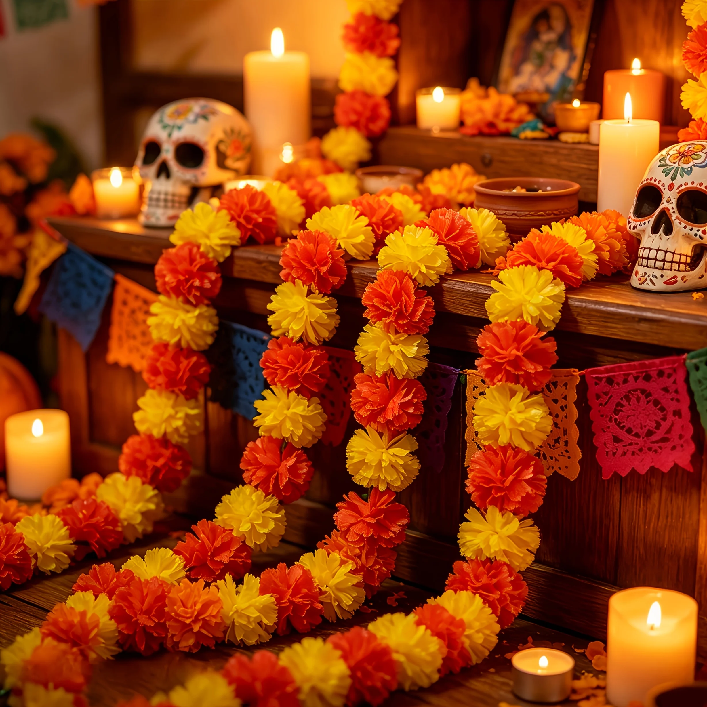 2 Stück 3M Künstliche Sonnenblumen-Ringelblumen-Girlande für den Tag der Toten und Diwali-Dekoration – Detail 2