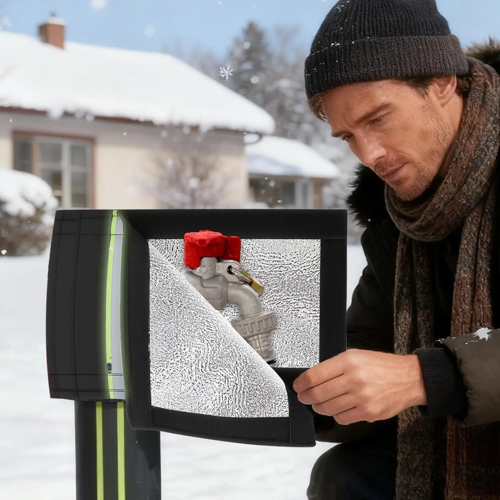 غطاء صنبور خارجي حماية من التجميد انبوب ماء مع شريط عاكس أغطية حنفية معزولة للشتاء لحديقة الفناء والحديقة #4