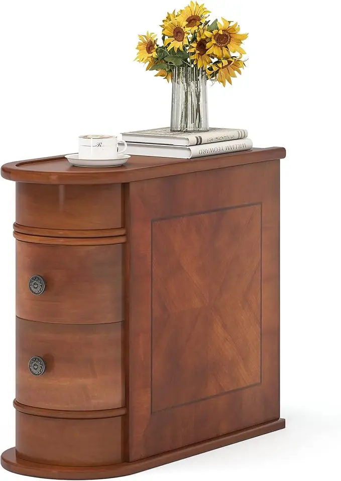 Wood End Table with 2 Drawers Sofa Side Table, No Assembly Required Vintage Slim Nightstand Bedside Table for Bedroom