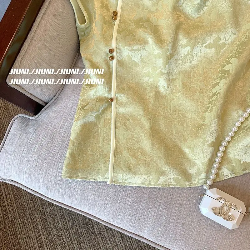 الساتان الحرير الجاكار ريترو قميص المرأة قصيرة الأكمام الأزهار المطبوعة البلوزات النمط الصيني خمر بلوزات فضفاضة الصيف موضة جديدة