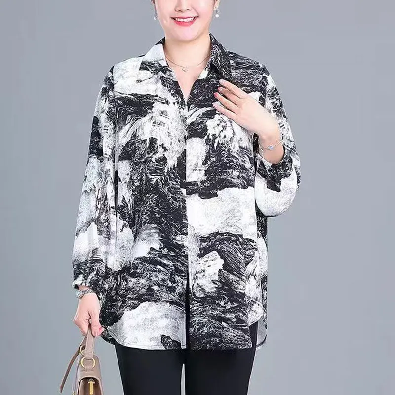 Stylish Character Printed Leopard Shirt Female Clothing Commute Single-breasted 2023 Spring Autumn Polo-Neck Casual Loose Blouse