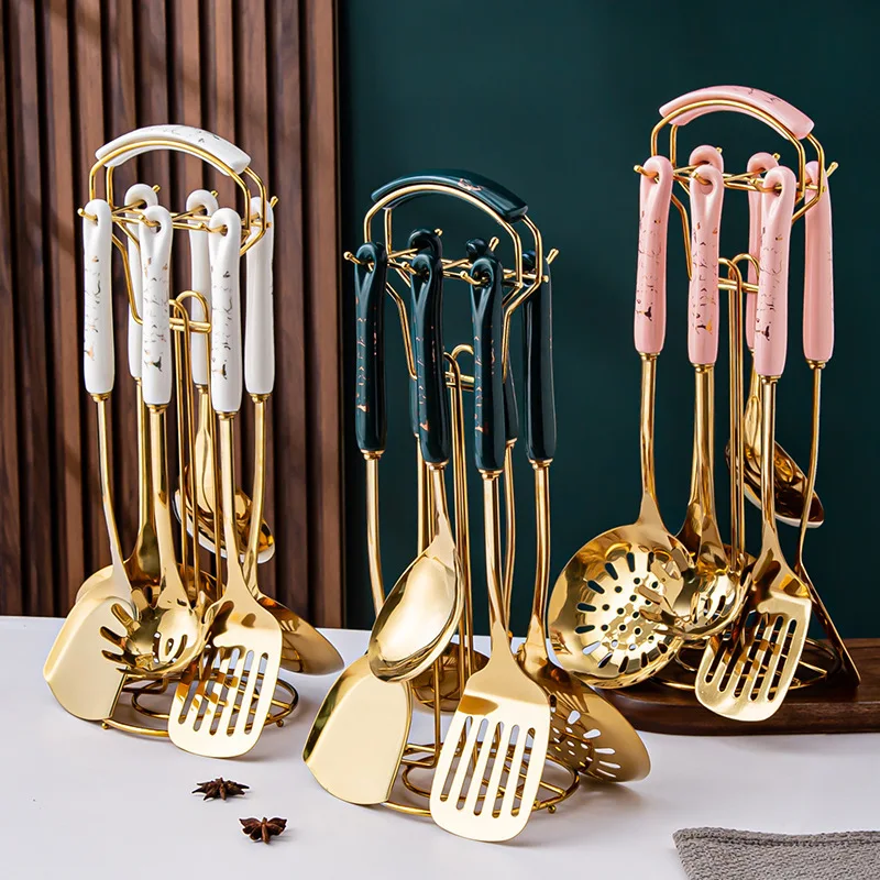 

spatula light luxury ceramic handle kitchen utensils set household kitchen cooking shovel soup spoon soup leak seven-piece set