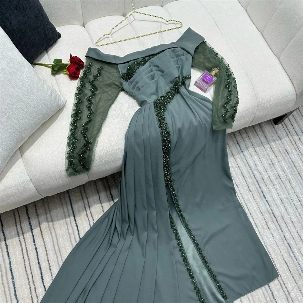 Customized Retro Fashion Off-the-shoulder Sheath Cocktail  Evening Flowers Sequin Fold Chiffon Prom Dresses