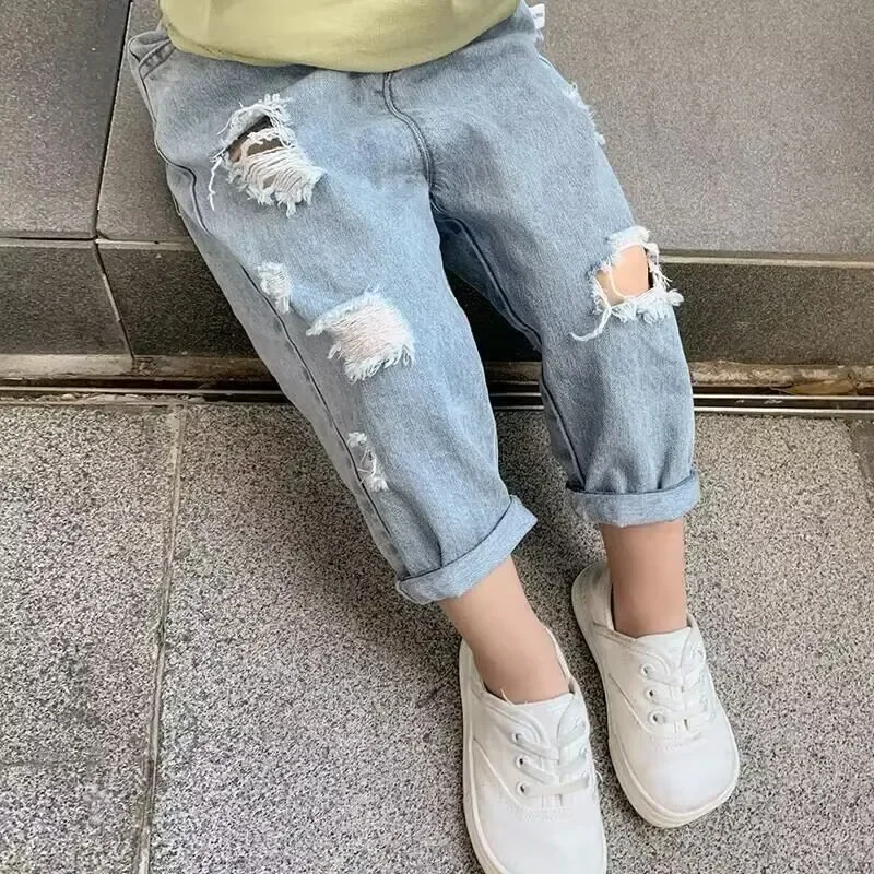 Summer Children\'s Ripped Jeans Pant 2024 Spring and Autumn Clothes Boys Casual Loose Pants Girls Baby Loose Trousers Thin