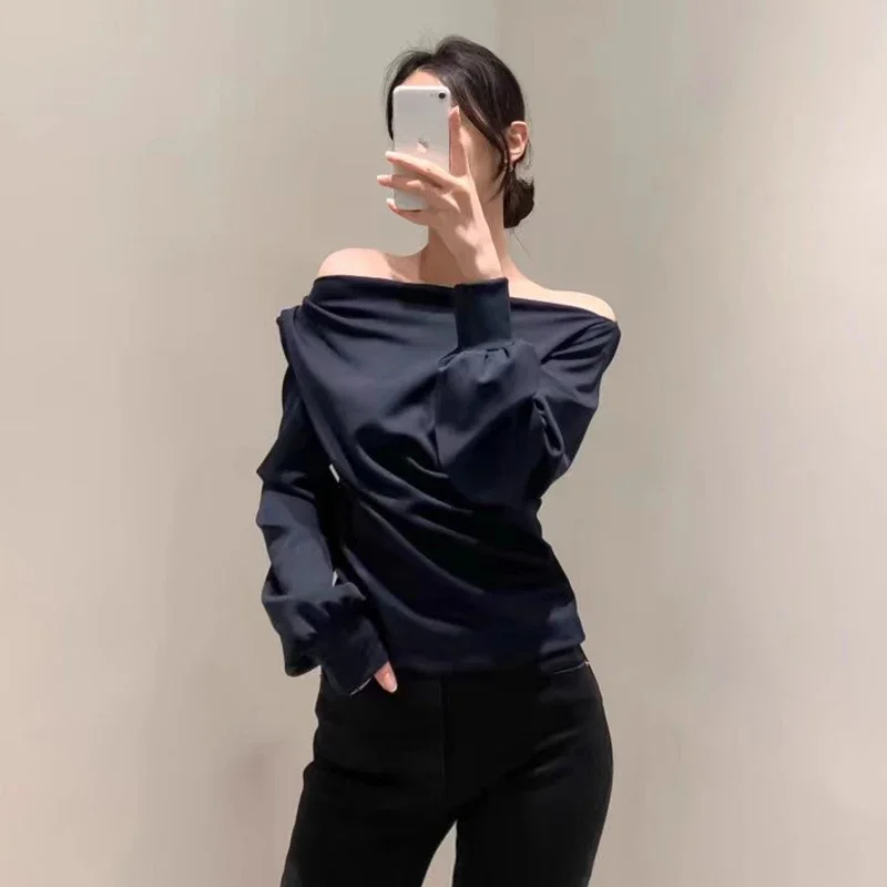 Neploe Korean Chic Autumn Niche Style Slash Neck Top Sloping Shoulder Design Exposed Collarbone Loose Versatile Slim T-Shirt