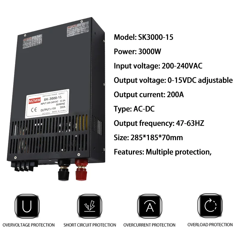 MZMW 3000W 15V 200A Ac Dc Adjustable CC/CV Switching Supplies Power Industrial Transformer Voltage Stabilizer SMPS