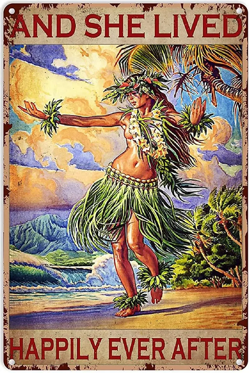 Krouterebs Retro Tin Sign Hawaiian Hula Girl – and She Lived Happily Ever After Vintage Cute Metal Sign Gift Bedroom Retro Novel