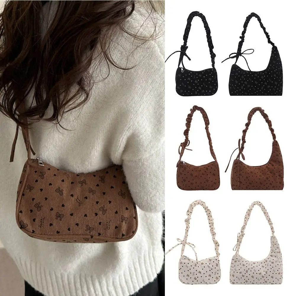 

Fashion Corduroy Shoulder Bag Cute Bowknot Multicolor Underarm Bag Long Belt Large Capacity Handbag Women Girl