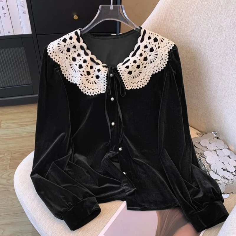 

Весенне-осенний женский винтажный женский ажурный кружевной черный бархатный кардиган, верхняя рубашка, новые женские повседневные топы 2025 года, рубашки