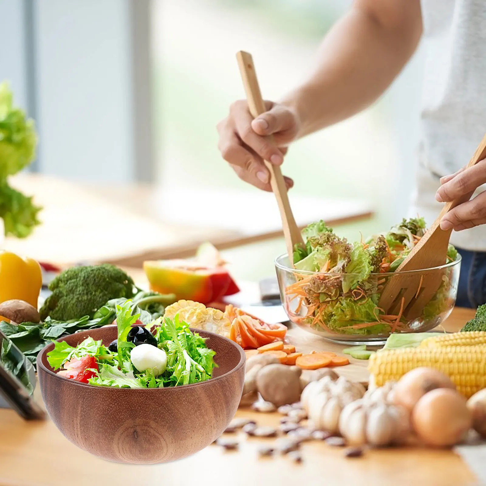 

Natural Wood Salad Bowl Solid Acacia Wood Serving Bowl Seamless Burr-Free Finish for Rice Soup Noodles Fruit Home Kitchen Use