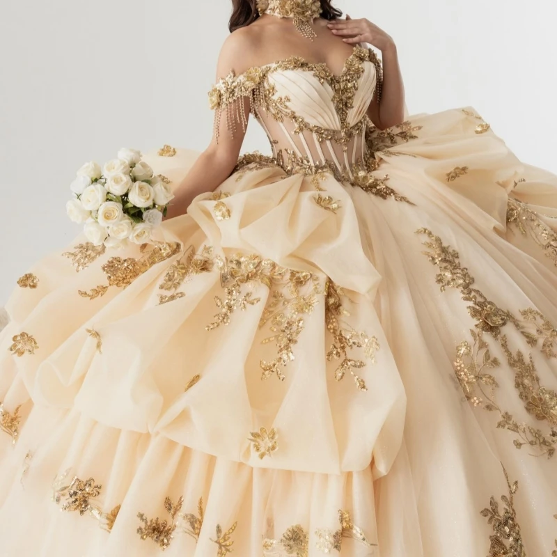 

Champagne Shiny Ball Gown Quinceanera Dresses Applique Lace Beading Crystal Tull Corset Off Shoulder Sweet 16 Dress Vestidos 15