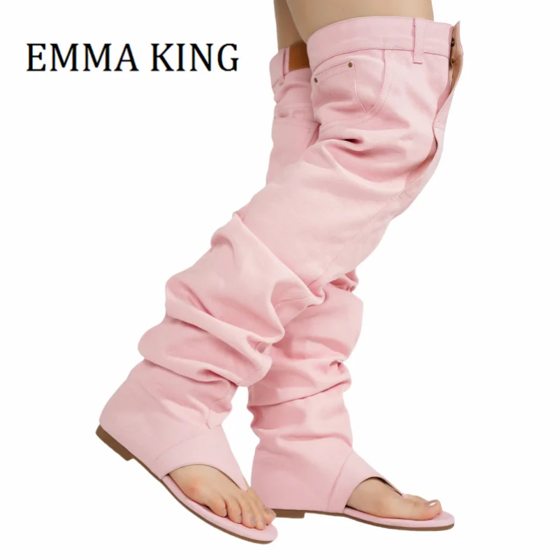 

Women Thigh-high Sandals Dlouchy Denim Design Over The Knee Boots Female Comfort Flat Heel Jeans Boots Botas De Mujer 44