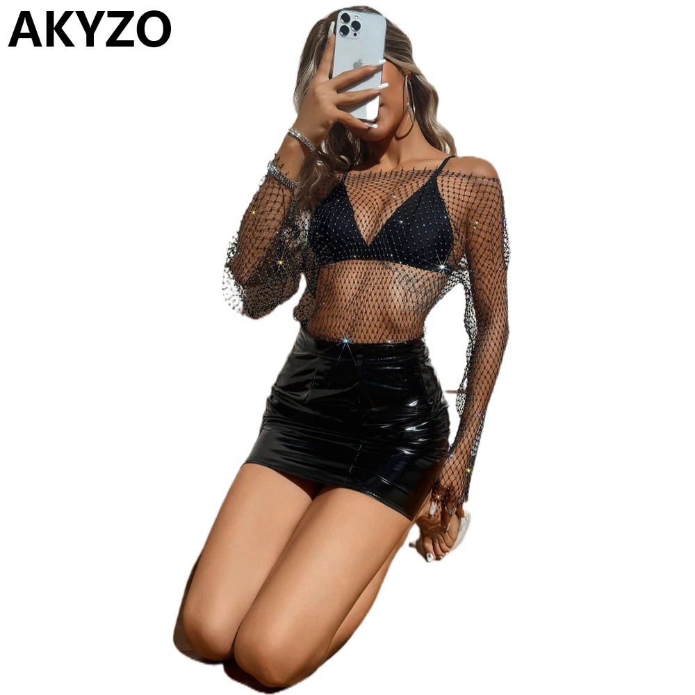 

AKYZO Fashionable Round Neck Rhinestone Mesh Dress Sexy Long Sleeve Hollow Out Sheer Dress For Club & Party Women's Clothing