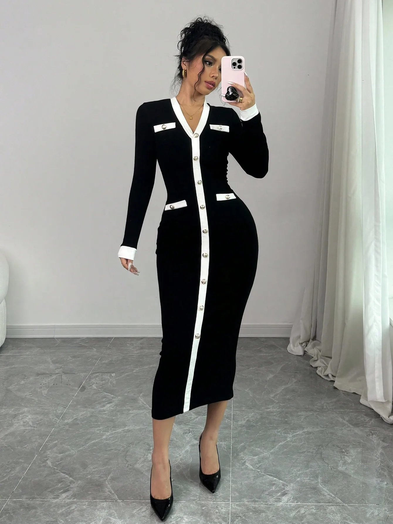 

Черно-белое облегающее платье миди с V-образным вырезом, длинными рукавами и пуговицами для женщин, элегантная офисная одежда на осень-зиму