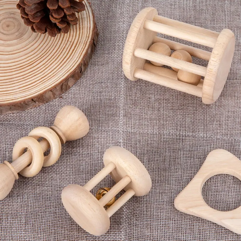 Wooden Baby Rattle Toy Montessori Teething Ring Log Geometric Grab Toy Natural Wood Rattle Set for Infants and Toddlers