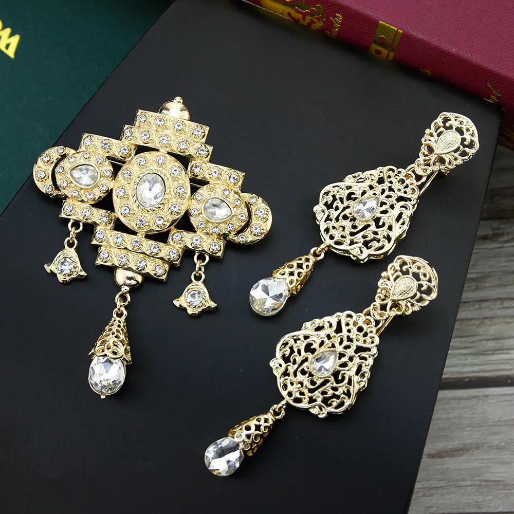 Sunspicems Elegent Morocco Bride Jewelry Sets For Women Caftan Brooch Pins Long Drop Earring Crystal Arabic Scarf Brooch Set