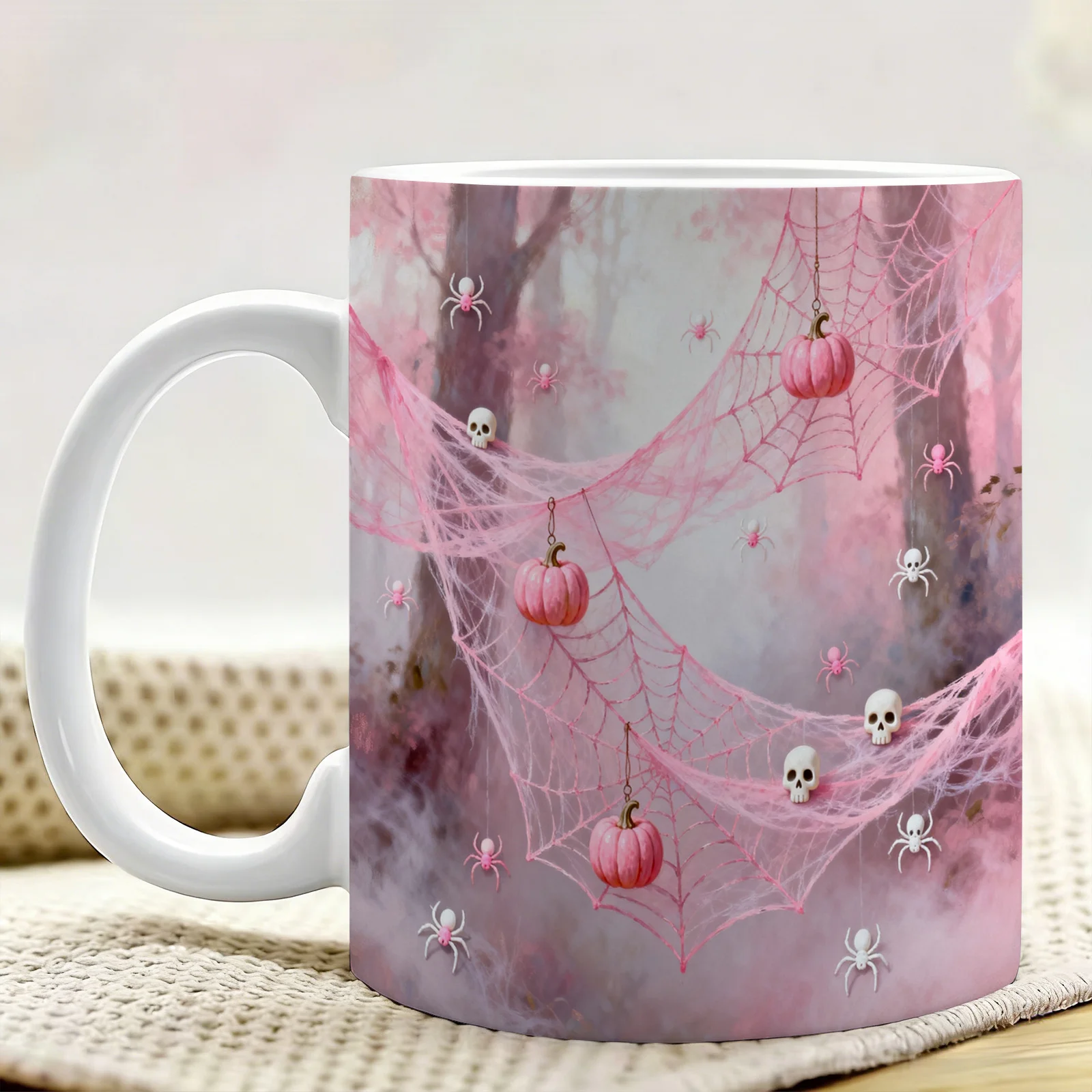 1pc Pink Halloween-Themed Ceramic Coffee Mug with Double-Sided Pattern Design, Reusable, Easy to Hand Wash, 11Oz Stylish Ceramic Cup, Home Decor, Office Water Cup, Ideal Gift for Friends