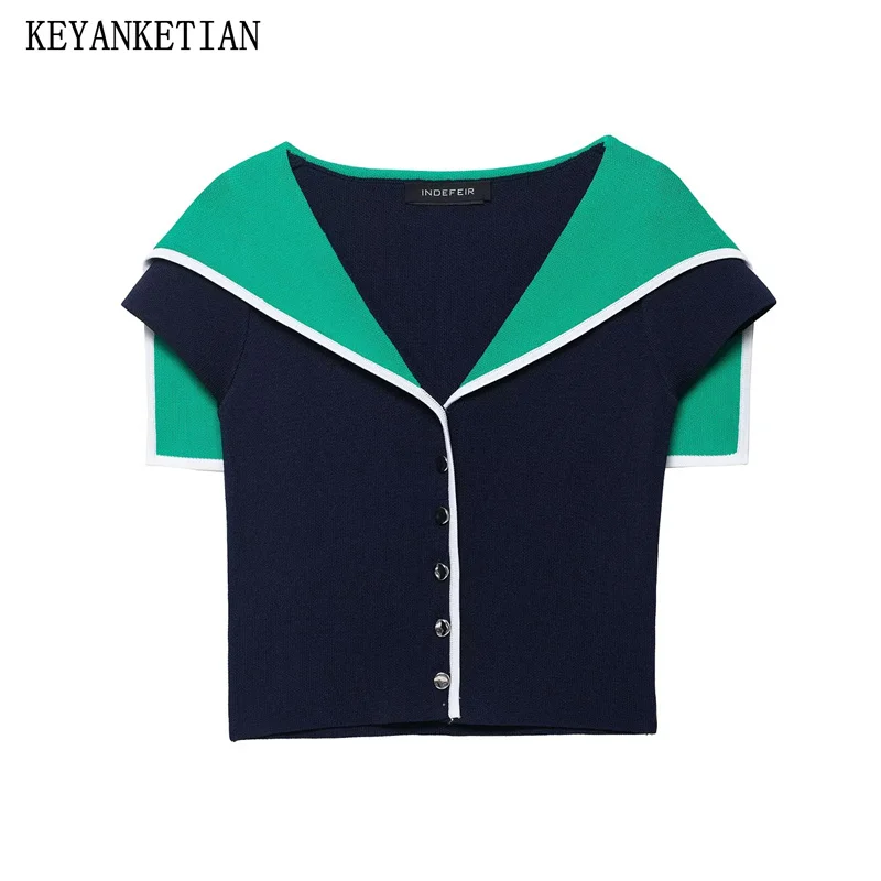 

KEYANKETIAN Summer New Women's Short Sleeved Navy Style Contrasting Color Lapel Single Breasted Knitted Cardigan Women Short Top