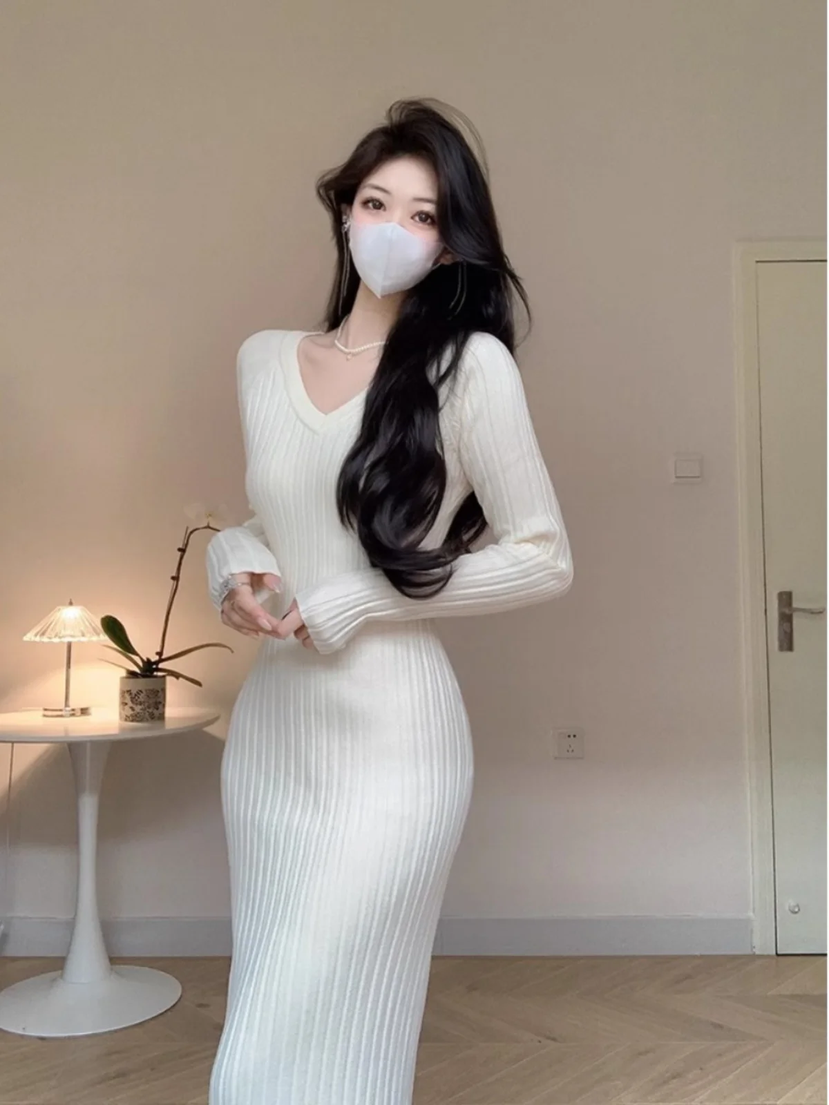 

2025 New Wool Long Sweater Dress Autumn and Winter New Women's Striped Round Neck Pleated Skirt Keep Slim Pullover CQ282