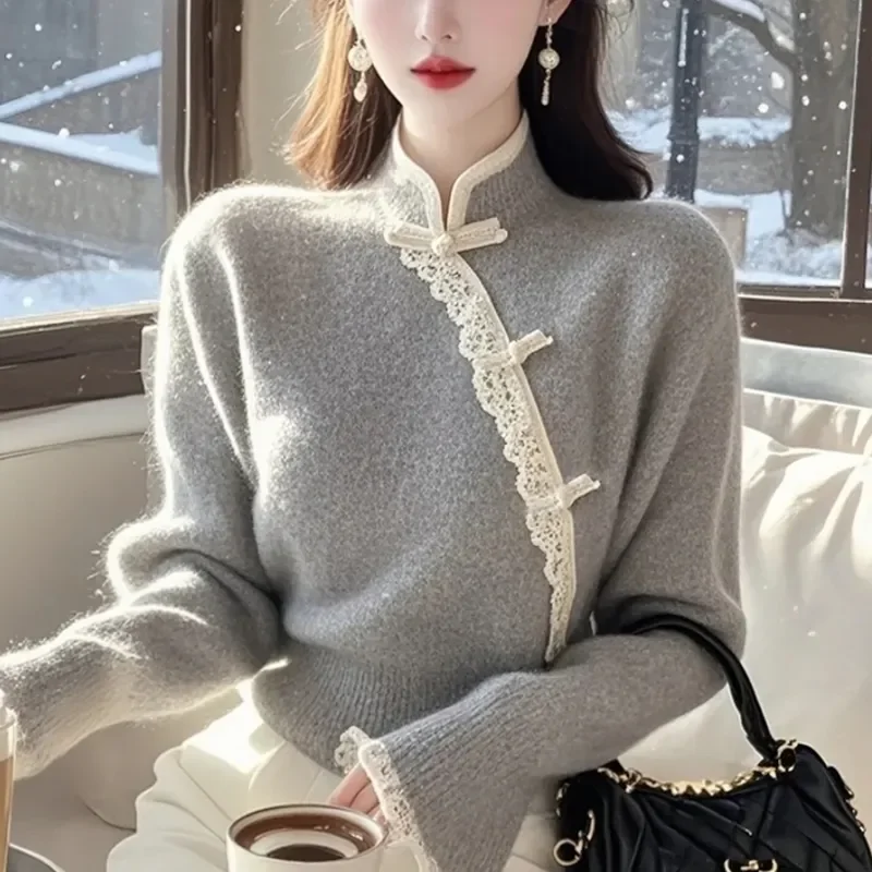 

Вязаный базовый свитер для женщин осенью и зимой, облегающий свитер с длинными рукавами и воротником-стойкой на пуговицах.