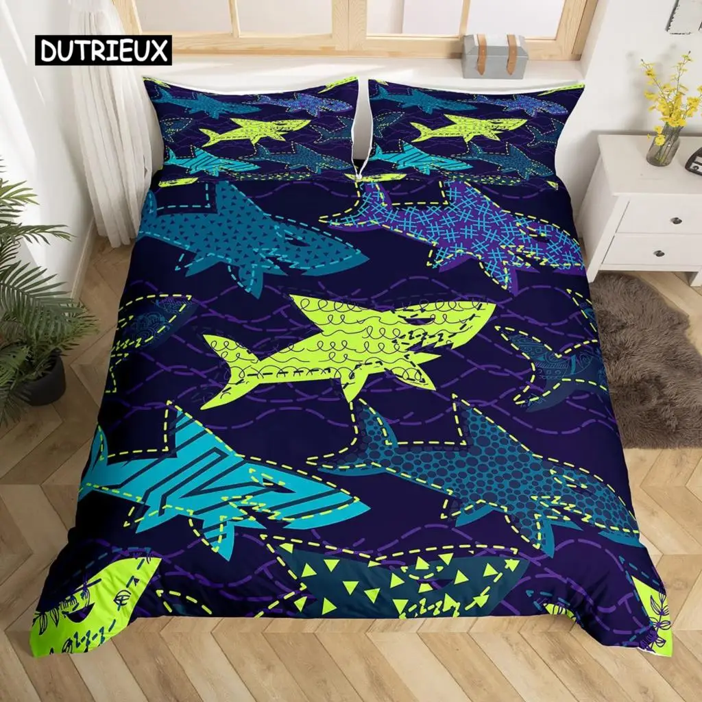 Shark duvet Cover Set Deep Sea Animal Bedding Set Cartoon Ocean Sharks Colourful Hand Drawn Comforter Cover For Kids Boys Girls