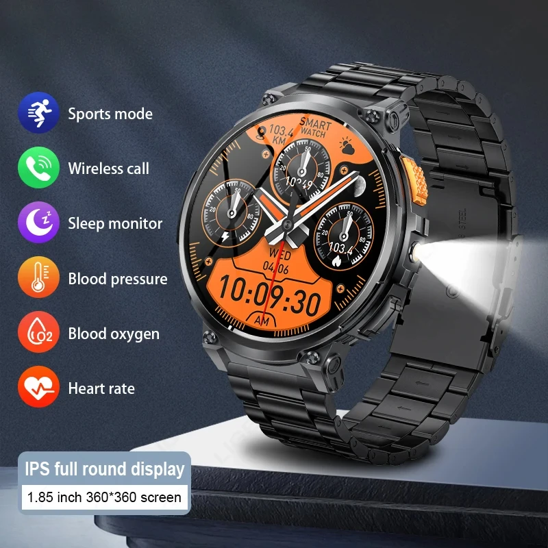 

2025 Smart Watch Men Flashlight Bluetooth Call 1.85inch 128MB Memory 730mAh Large Battery LED Light Outdoor Sport Smartwatch