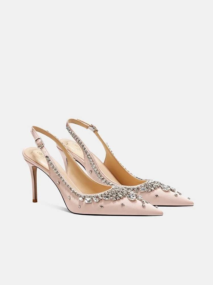 Thin high-heeled sandals spring and summer new pointed rhinestone silk wedding shoes banquet dress crystal women's shoes